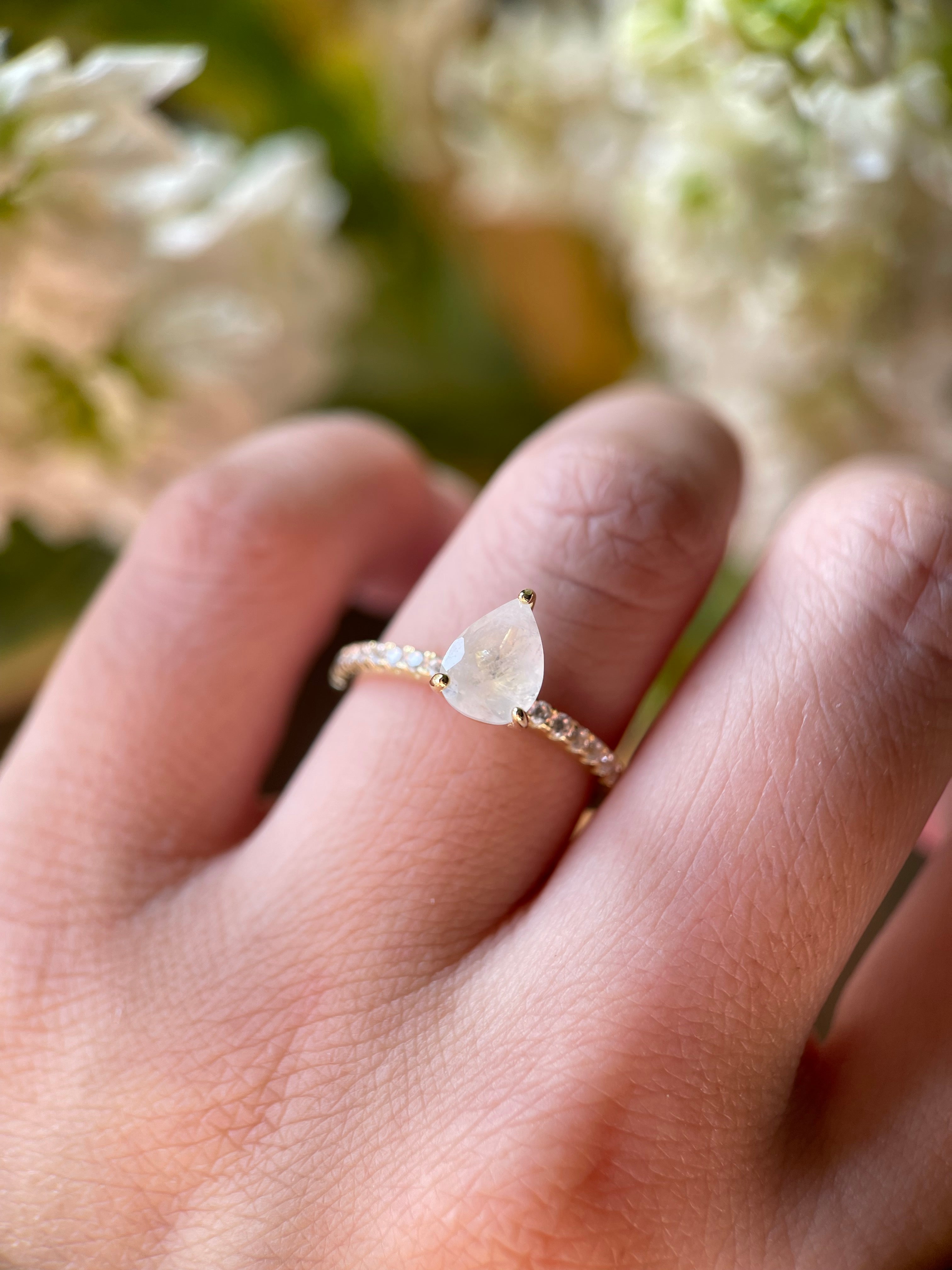 【Aurelia】Unique Handmade Natural Blue Moonstone Engagement Ring 0.8ct Pear Shape