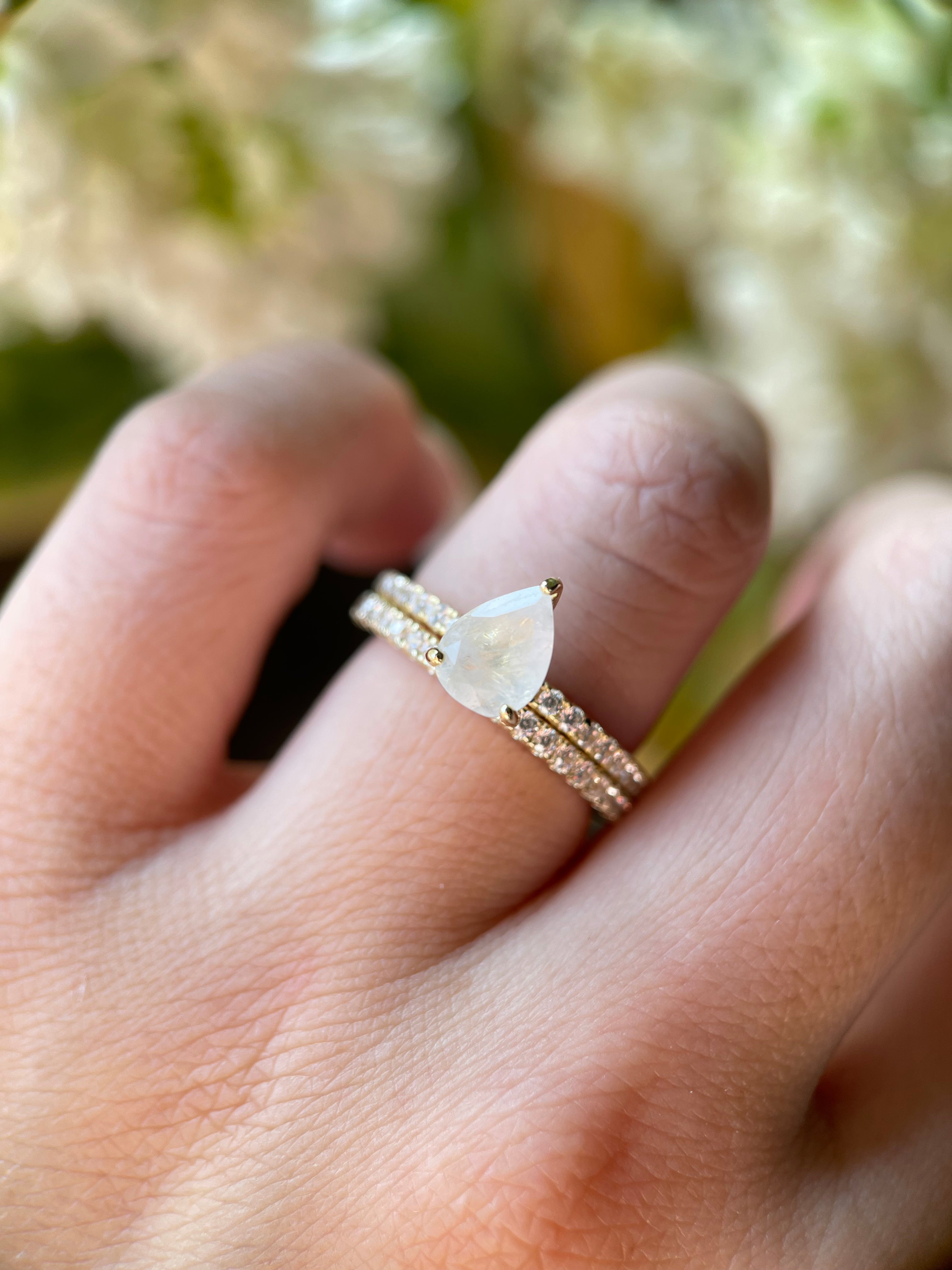 【Aurelia Set】Unique Handmade Natural Blue Moonstone Engagement Ring Set 2pcs 0.8ct Pear Shape
