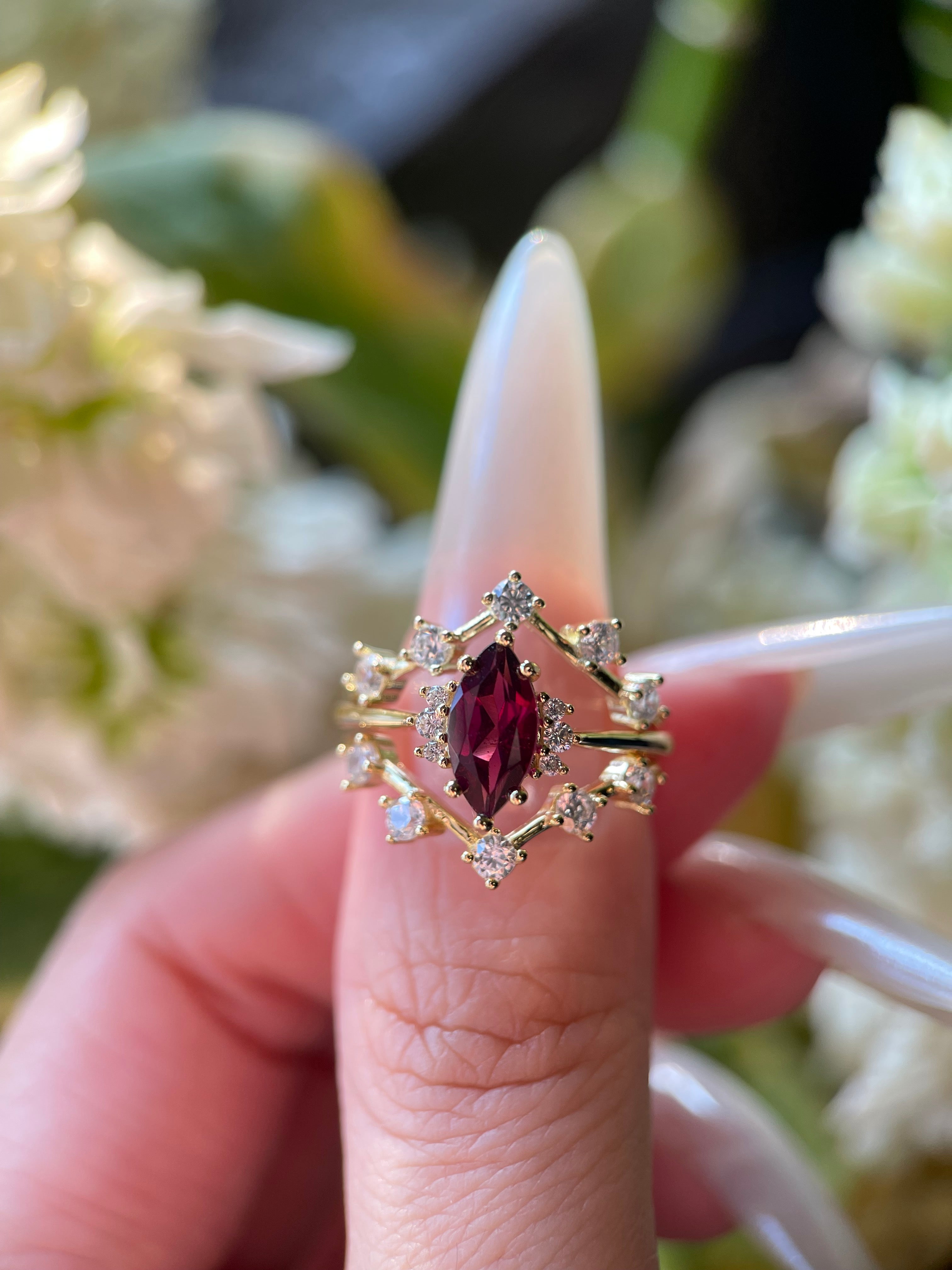 【Octavia SET】Handmade Natural Rhodolite Garnet Engagement Ring Set 3pcs Marquise Cut 1ct