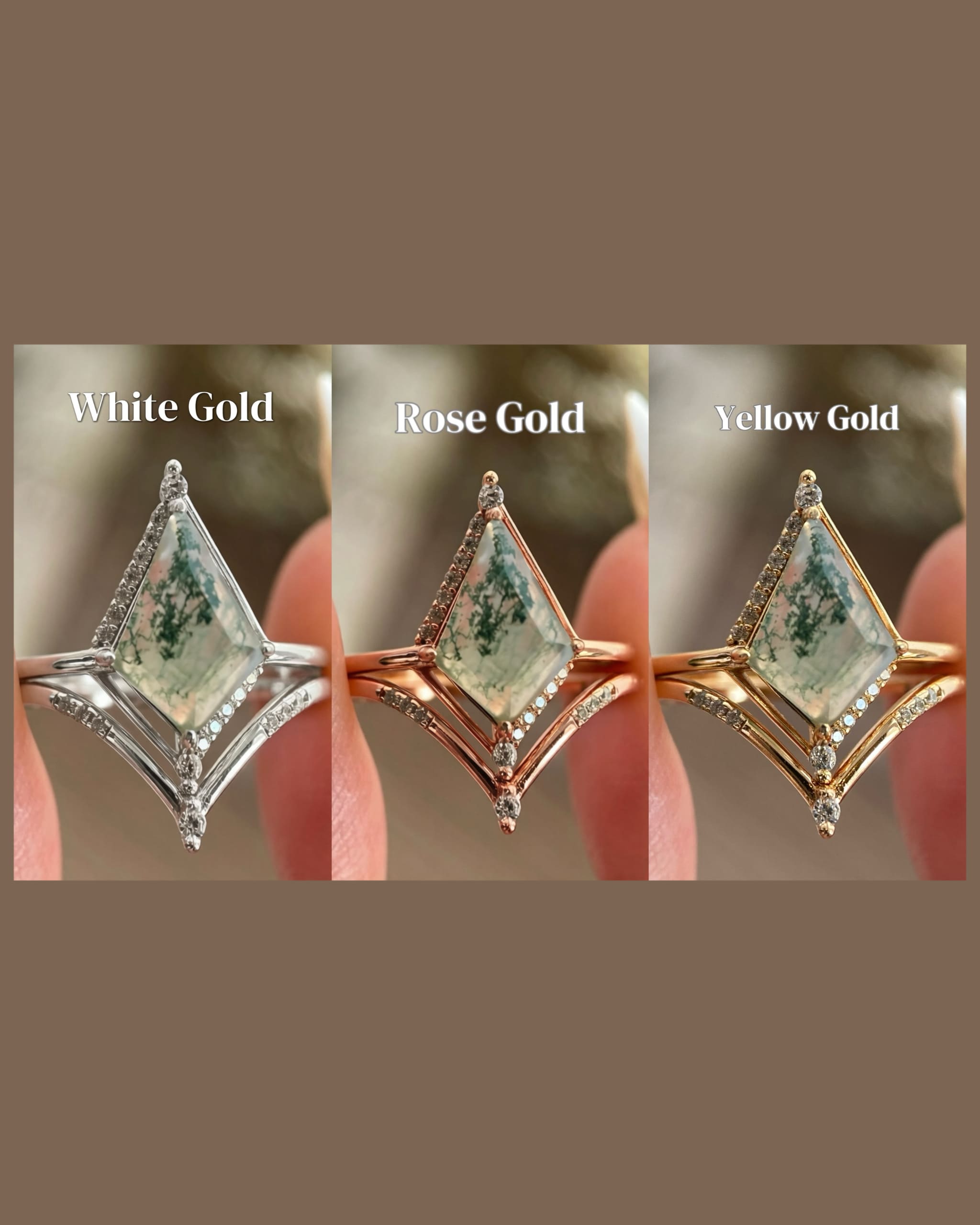 Valkyrie | Vintage Art Deco Kite Cut Moss Agate Alternative Engagement Ring Set