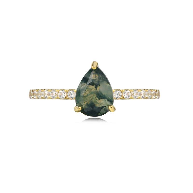 【Naiad】Unique Handmade Natural Moss Agate Engagement Ring 0.8ct Pear Shape