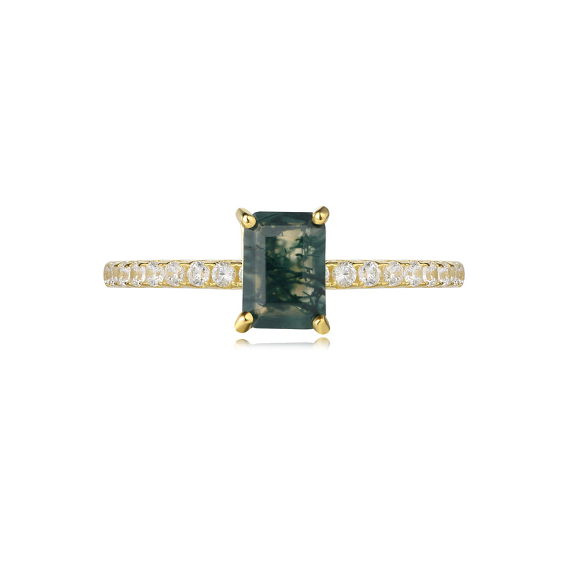 【Laguna】Unique Handmade Natural Moss Agate Engagement Ring 1ct Baguette Shape