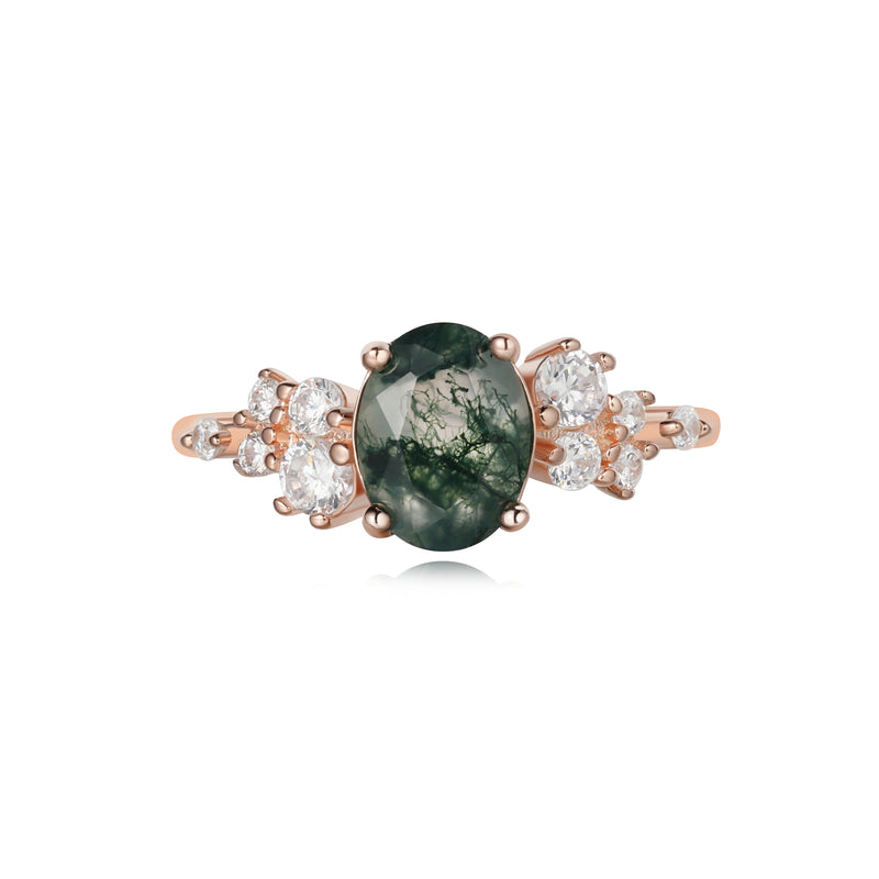 【Sylvan Halo】Unique Handmade Natural Moss Agate Engagement Ring 1.5ct Oval Shape