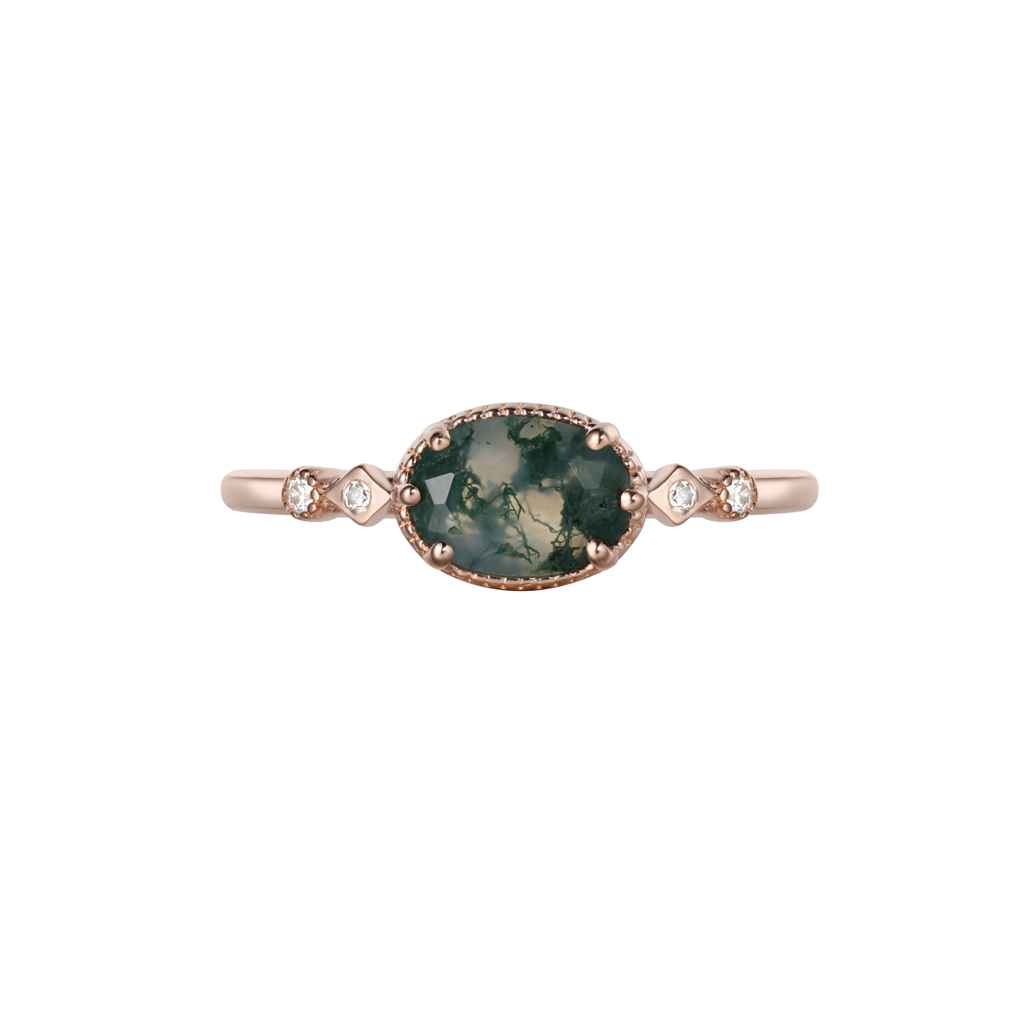 【The Still Pond】Unique Handmade Natural Moss Agate Engagement Ring 0.75ct Oval Shape