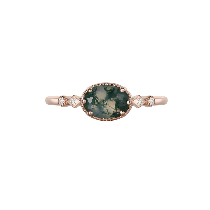 【The Still Pond】Unique Handmade Natural Moss Agate Engagement Ring 0.75ct Oval Shape