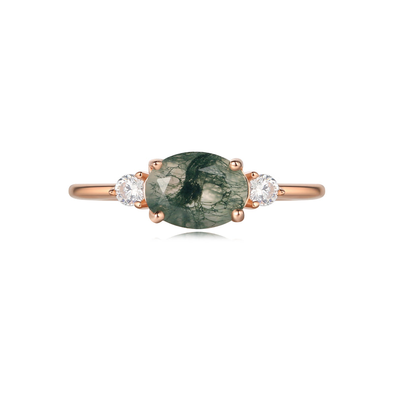 【Ethereal Veil】Unique Handmade Natural Moss Agate Engagement Ring 1.5ct Oval Shape
