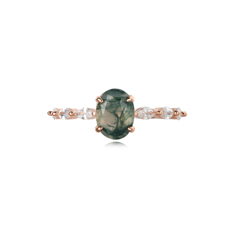 【Greenwood】Unique Handmade Natural Moss Agate Engagement Ring 1.5ct Oval Shape