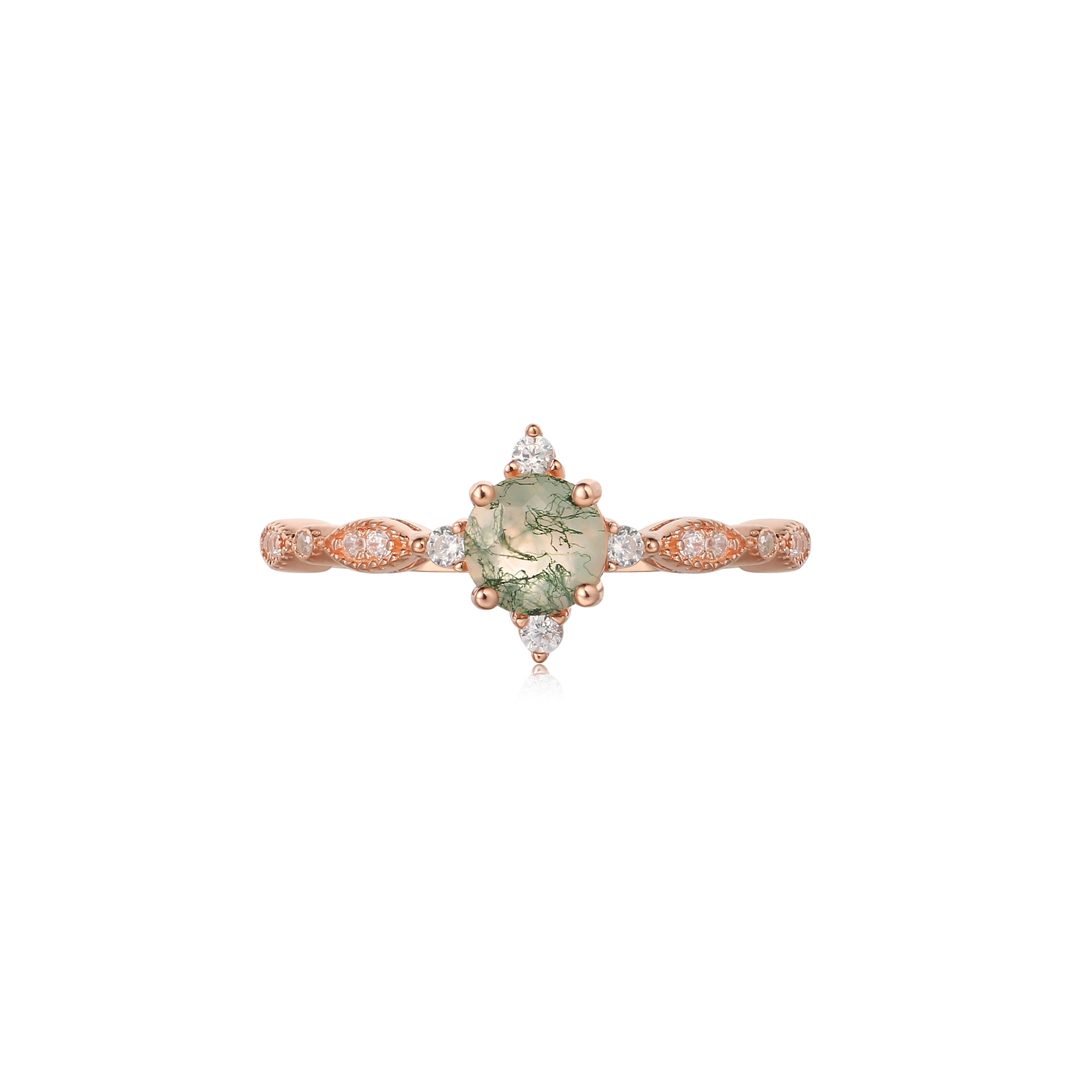 【Coralie】Unique Handmade Natural Moss Agate Engagement Ring 0.5ct Round Shape