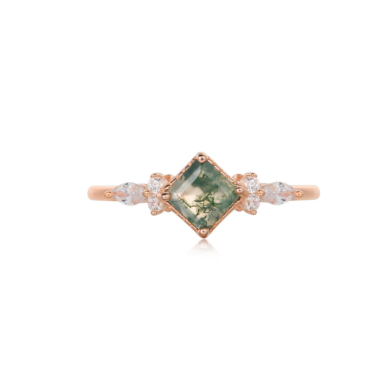 【GAIA】Unique Handmade Natural Moss Agate Engagement Ring 0.75ct Princess Shape