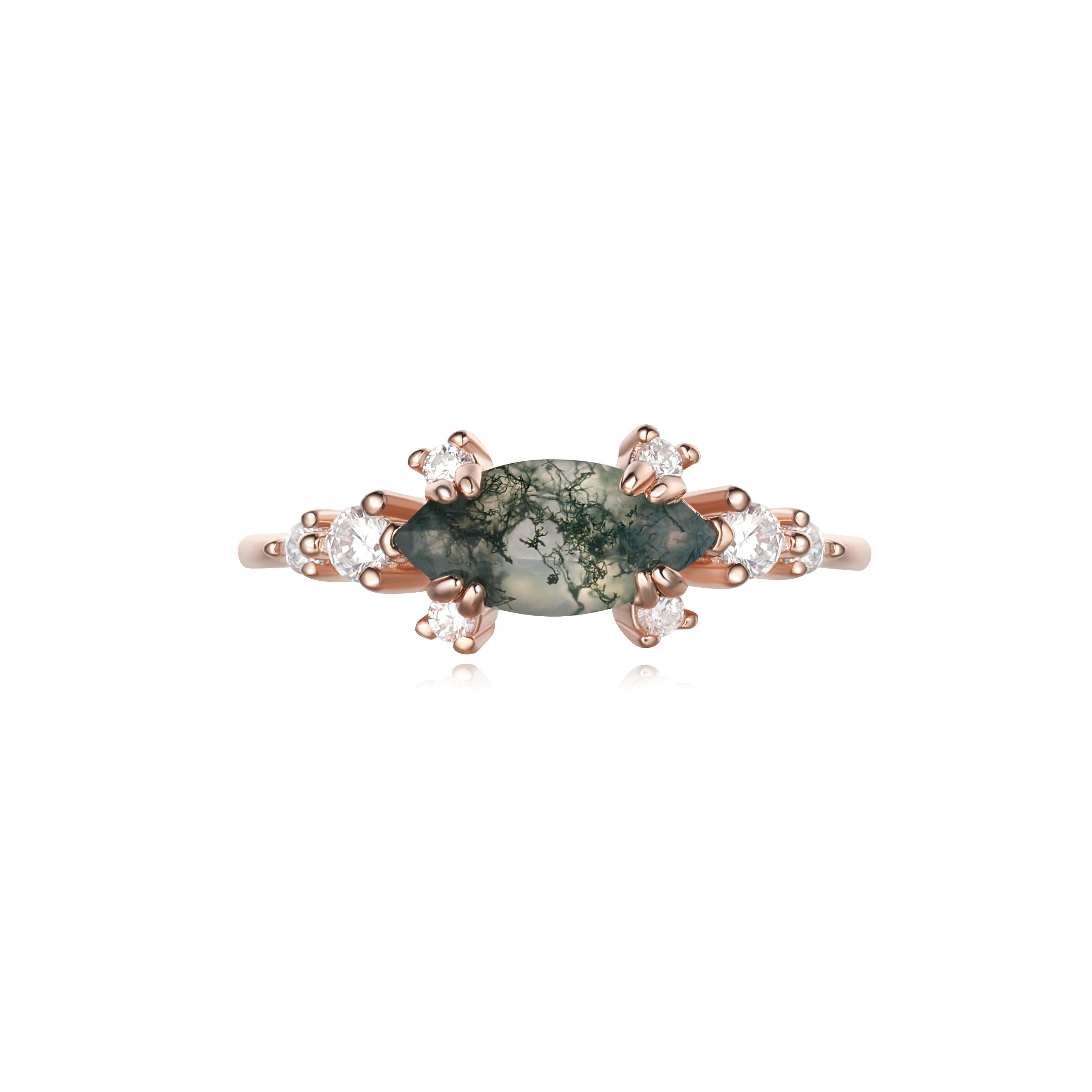 【Meridian】Unique Handmade Natural Moss Agate Engagement Ring  1ct Marquise Shape