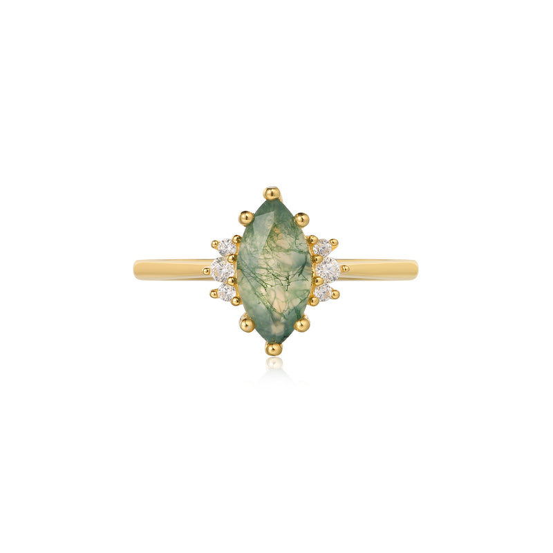 【CASSIOPEIA】Unique Handmade Natural Moss Agate Engagement Ring Marquise Shape 1ct