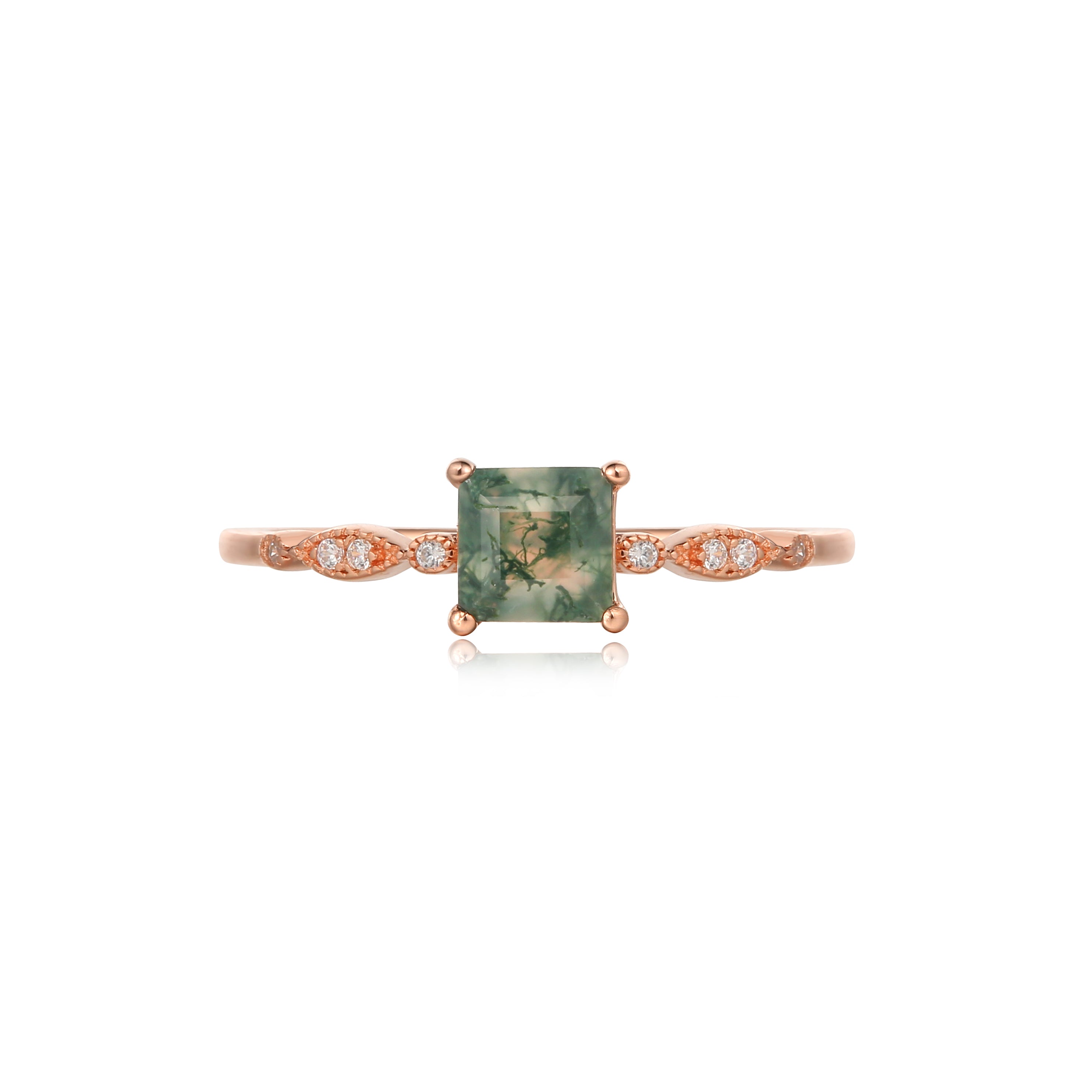 【OPHELIA SET】Unique Handmade Natural Moss Agate Engagement Ring Set 3pcs 0.75ct Princess Cut