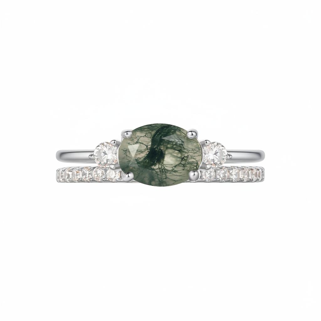 【Ensemble Voile Éthéré】Ensemble de bagues de fiançailles unique, fait main, en agate mousse naturelle, 2 pièces, 1,5 ct, forme ovale