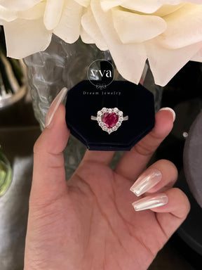 Bague Rubis Créé en Laboratoire en Forme de Coeur Plaqué Or 18K