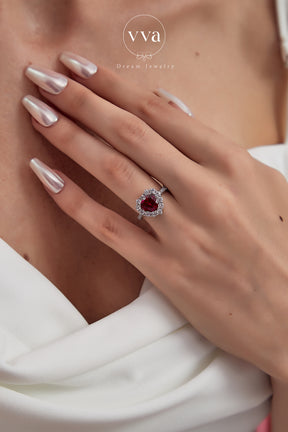 Bague Rubis Créé en Laboratoire en Forme de Coeur Plaqué Or 18K