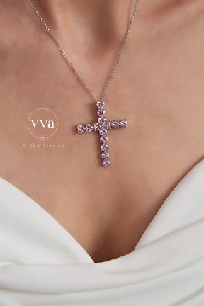 Pink Heart Cross Moissanite Necklace