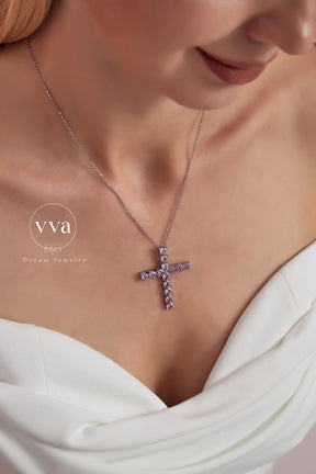 Pink Heart Cross Moissanite Necklace