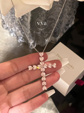 Pink Heart Cross Moissanite Necklace