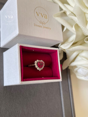 Bague Rubis Créé en Laboratoire en Forme de Coeur Plaqué Or 18K