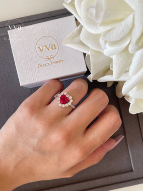 Bague Rubis Créé en Laboratoire en Forme de Coeur Plaqué Or 18K