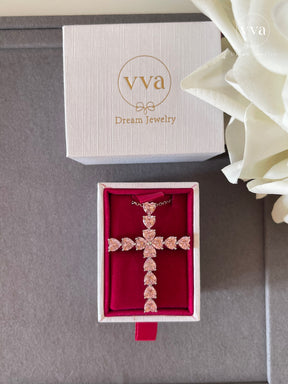 Pink Heart Cross Moissanite Necklace
