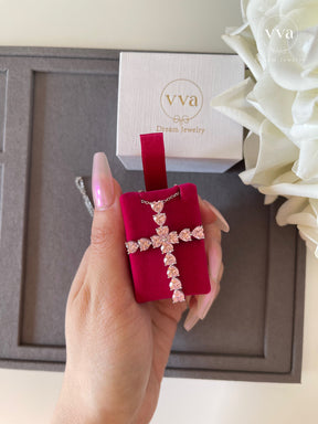 Pink Heart Cross Moissanite Necklace