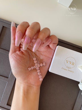 Pink Heart Cross Moissanite Necklace