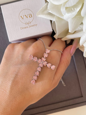 Pink Heart Cross Moissanite Necklace