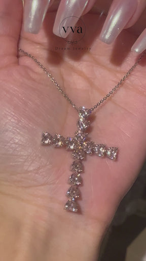 Pink Heart Cross Moissanite Necklace