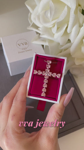 Pink Heart Cross Moissanite Necklace